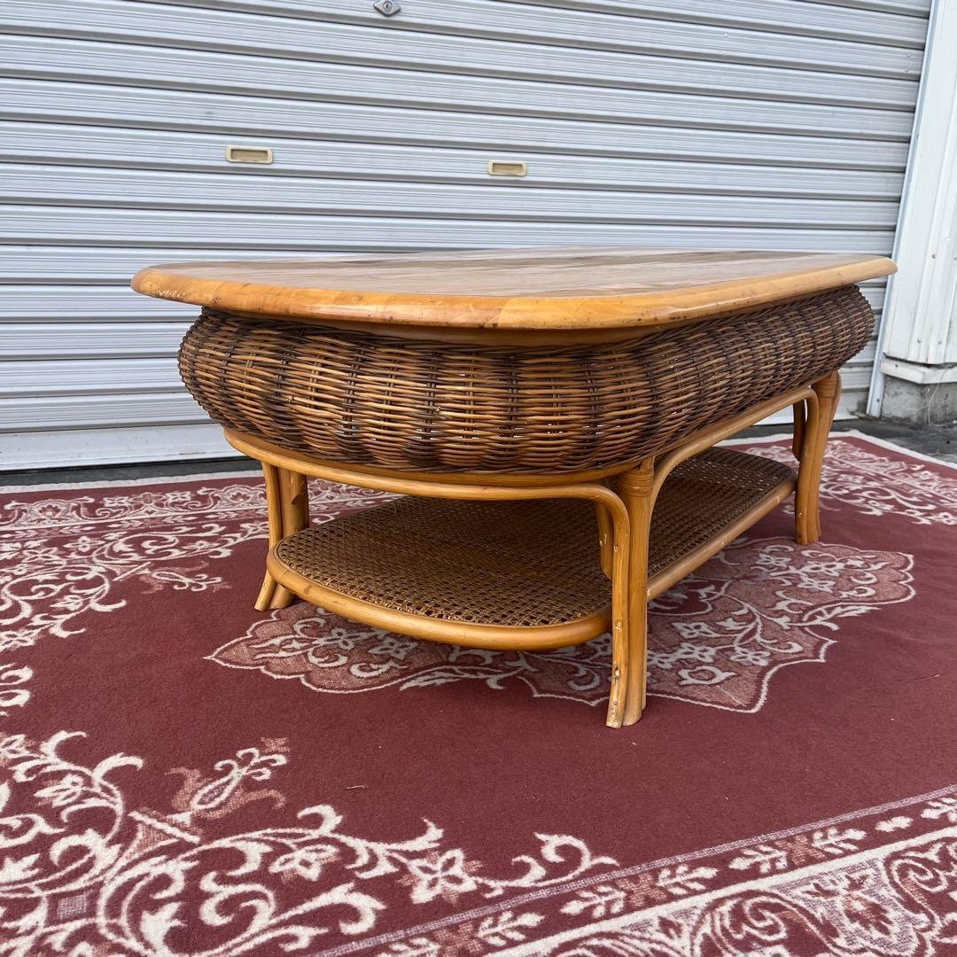 古家具ビンテージ品◼︎籐ラタン×木製天板 センターテーブル ローテーブル 東谷 ローテーブル 引き出し 幅100cm センターテーブル ラタン 天然木